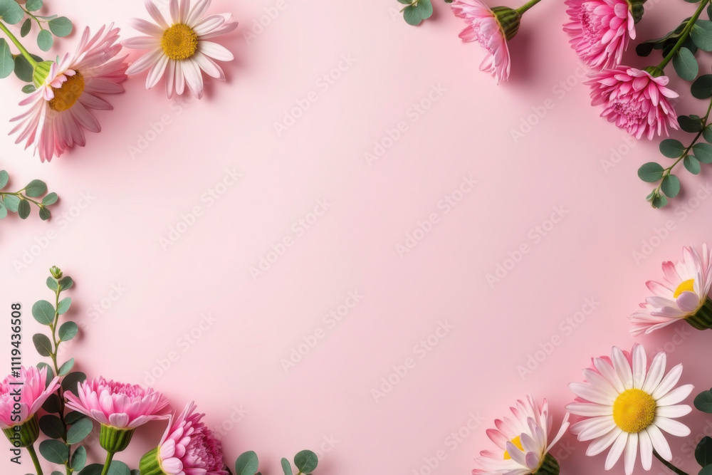 Fototapeta premium A minimalist floral arrangement on a pastel pink background, featuring pink daisies and carnations, creating a delicate, inviting visual effect suitable for various design purposes.