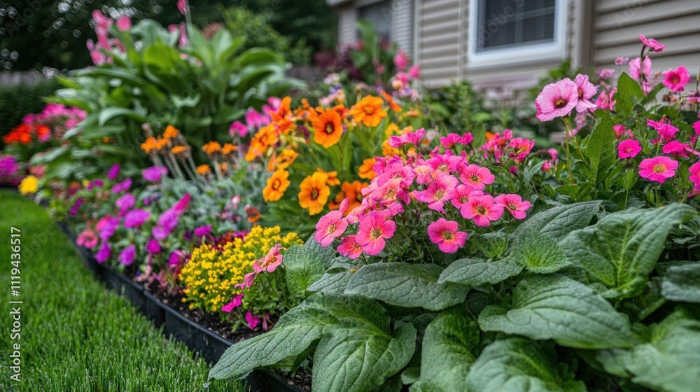Fototapeta premium A backyard flower bed featuring a variety of annuals and perennials, with rich green leaves and vibrant blooms.