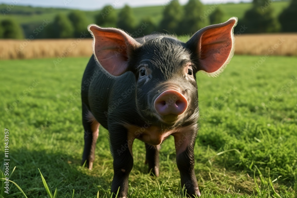 there is a small pig standing in a field of grass there is a small pig standing in a field of grass