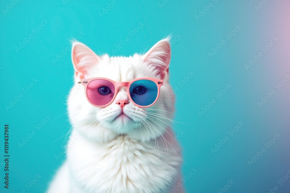 A cool white cat wearing pink-tinted sunglasses, complemented by a solid light blue background, showcasing a modern and whimsical aesthetic. A cool white cat wearing pink-tinted sunglasses, complemented by a solid light blue background, showcasing a modern and whimsical aesthetic.