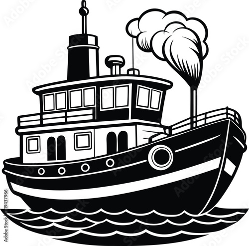 tugboat in Artline black and white isolated icon vector illustration