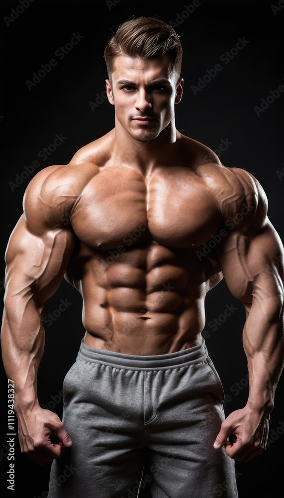 Fototapeta premium A Stunning Portrait of a Highly Muscular Bodybuilder, Exuding Strength and Dedication: A Testament to Fitness and Discipline