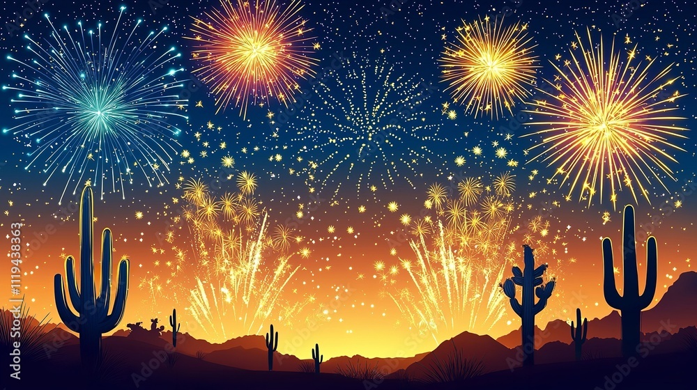 Fireworks Lighting Up the Desert Sky with Cactus Silhouettes in the Foreground Fireworks Lighting Up the Desert Sky with Cactus Silhouettes in the Foreground