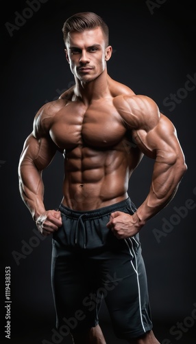 A Stunning Portrait of a Highly Muscular Man, Exuding Strength and Fitness, Posing Against a Dark Background, Showcasing His Impressive Physique and Athletic Build