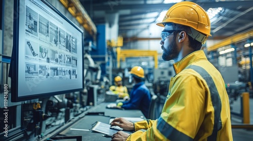 imagine prompt: A safety briefing session in a factory, featuring a minimalist setup with a projector displaying 