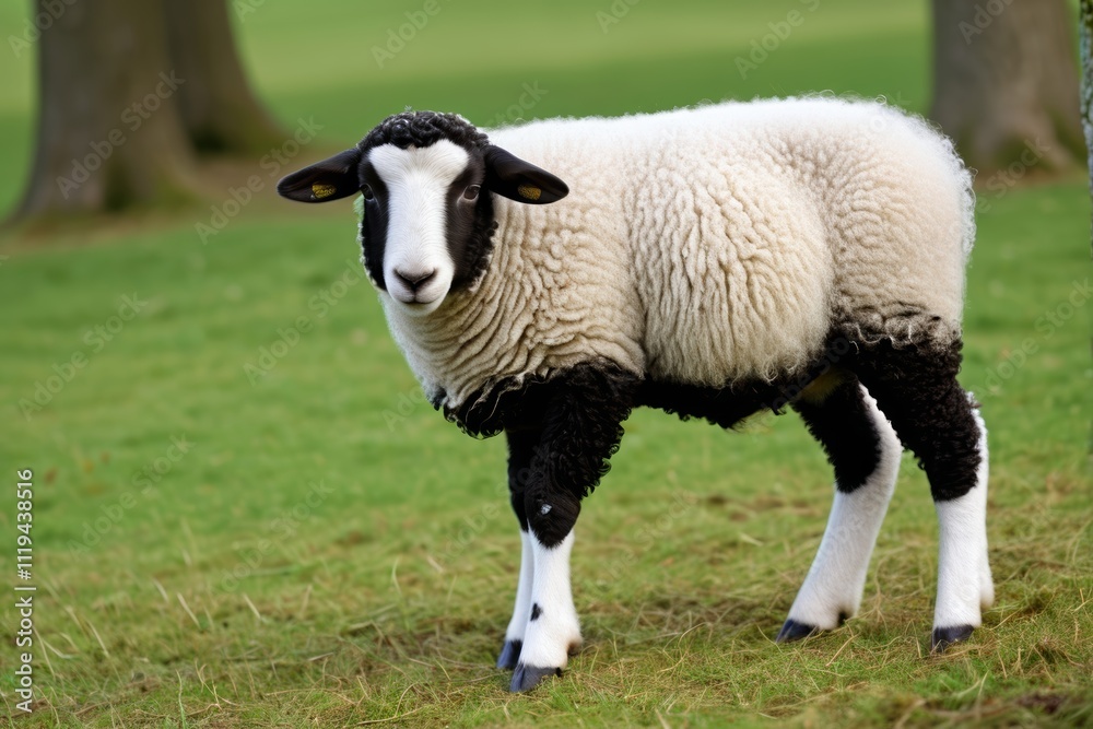 there is a sheep standing in the grass near a tree