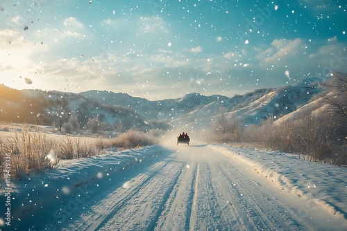 A Snowy Winter Landscape with Santa's Sleigh photo