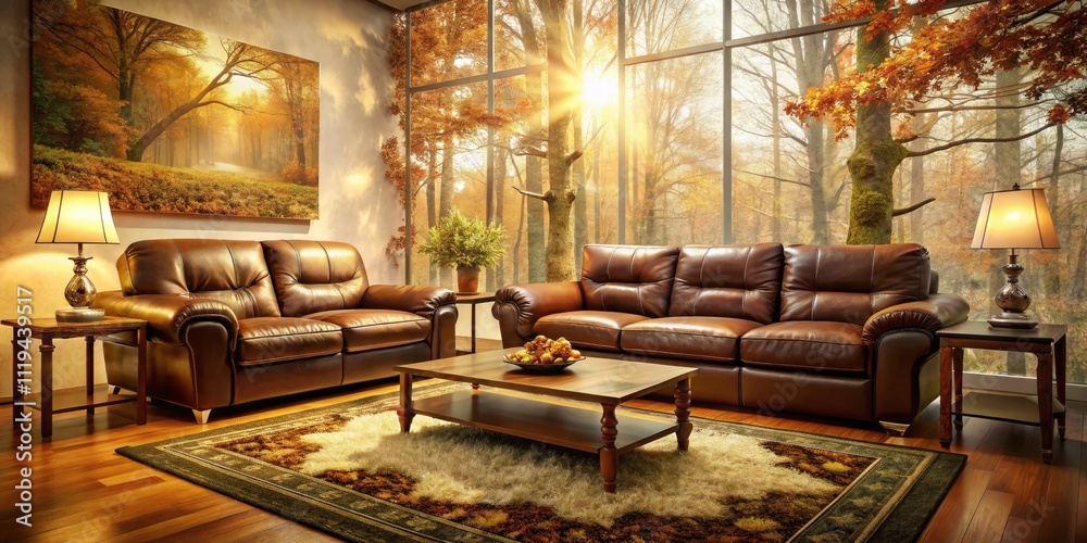 Cozy Brown Leather Living Room Double Exposure: Beige Walls, Tan Rug, Interior Design Photography Cozy Brown Leather Living Room Double Exposure: Beige Walls, Tan Rug, Interior Design Photography