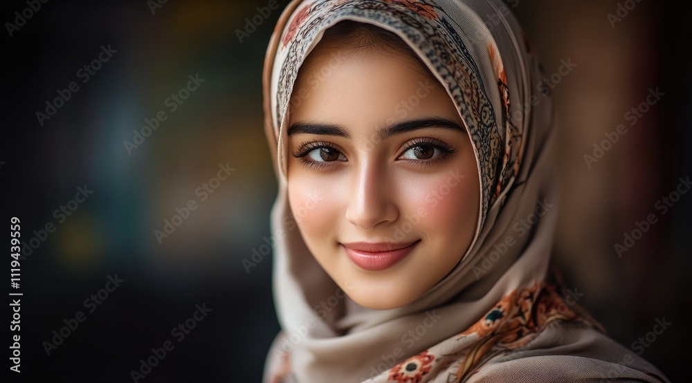 A beautiful hijabi woman wearing an elegant headscarf, looking directly at the camera with a warm smile and gentle eyes, standing in front of a dark background A beautiful hijabi woman wearing an elegant headscarf, looking directly at the camera with a warm smile and gentle eyes, standing in front of a dark background