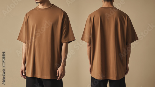 mockup of a man wearing a brown oversized plain t-shirt, front and back isolated on a cream background, Ai generated images