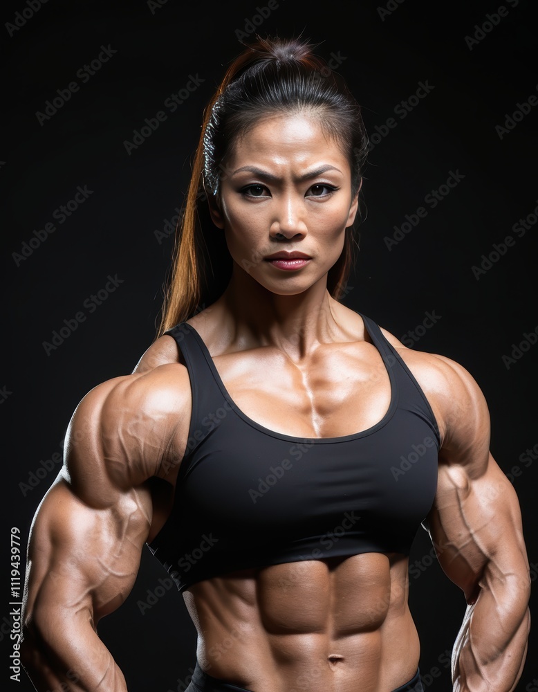 Powerful Female Bodybuilder: A Striking Portrait of Strength, Determination, and Athleticism in a Dark Studio Setting Powerful Female Bodybuilder: A Striking Portrait of Strength, Determination, and Athleticism in a Dark Studio Setting