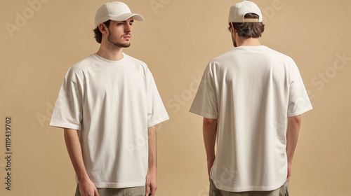 mockup of a man wearing a white oversized plain t-shirt, front and back isolated on a cream background, Ai generated images