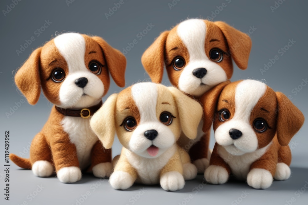three stuffed dogs are sitting next to each other on a gray surface three stuffed dogs are sitting next to each other on a gray surface