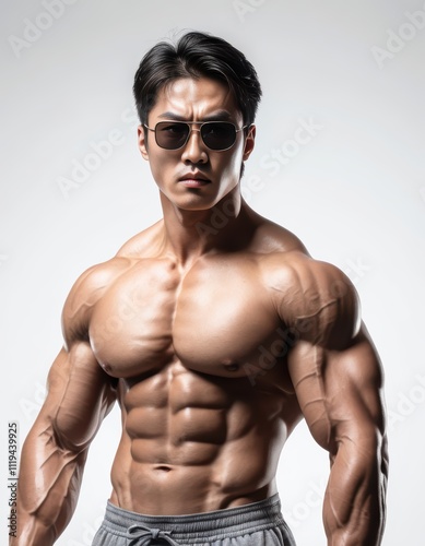 A Muscular Asian Man Posing Shirtless, Wearing Sunglasses, Displaying Impressive Physique and Strength. Studio Photography Showcasing Fitness, Bodybuilding, and Strength Training.