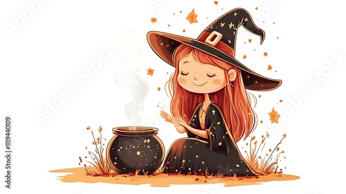 Cute witch girl brewing potion in cauldron.