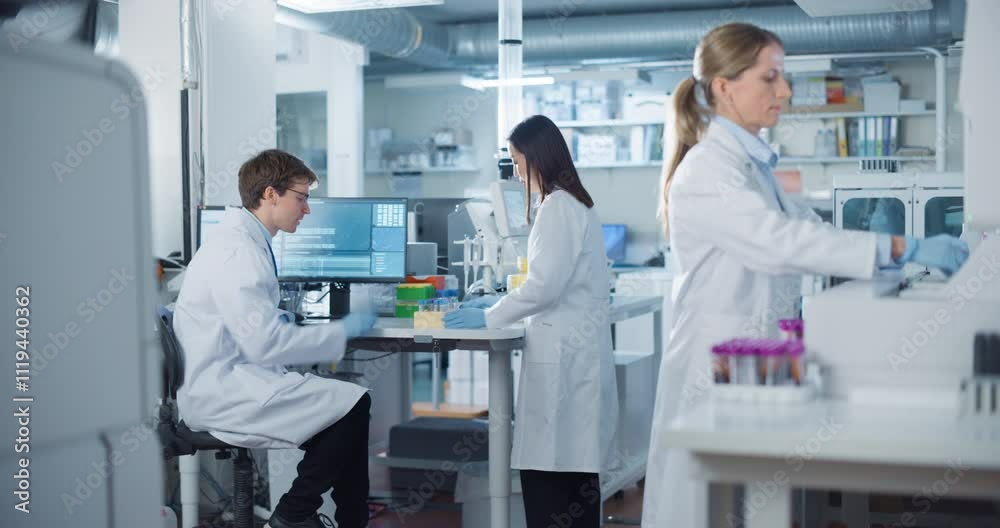 Medical Research Lab: Male Scientist and Asian Female Researches Discussing Experiment Observations. Female Coworker Preparing Samples for Chemical Analysis on a Polymerase Chain Reaction Machine