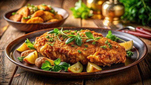 Delicious Fried Chicken Steak with Crispy Potato Garnish in Close-Up Horizontal View for Culinary Photography