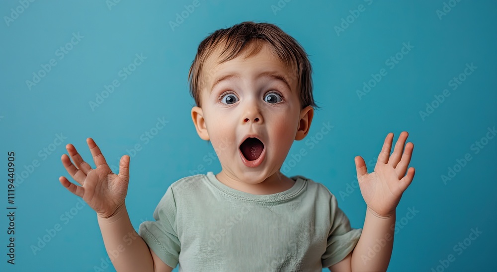 A surprised little boy is making an expression of shock or surprise, with his mouth open and hands raised in front of him on the right side