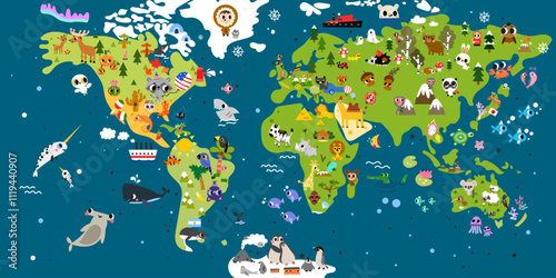 Big world kid map colorful vector with animals, insects, holidays, food, Cartoon background education kid room, wallpaper, printable page.
