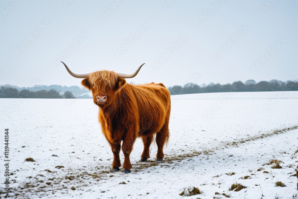 there is a long horned cow standing in a snowy field