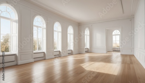 Elegant Empty Room with Large Arch Windows and Hardwood Floors  A Luxurious Interior Design Concept for Modern Living Spaces