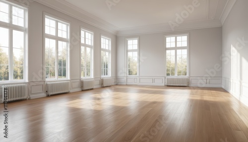 Spacious Empty Room with Large Windows and Sunlight Streaming In  A Luxurious and Bright Interior Design with Hardwood Floors and White Walls  Perfect for Real Estate or Interior Design Projects