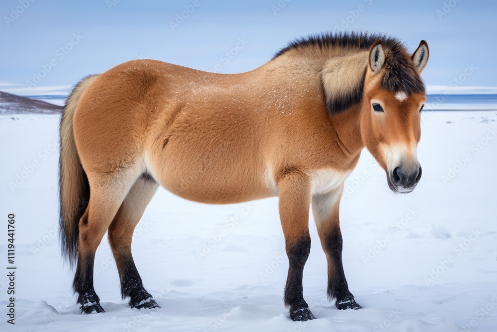 there is a horse standing in the snow with a sky background there is a horse standing in the snow with a sky background