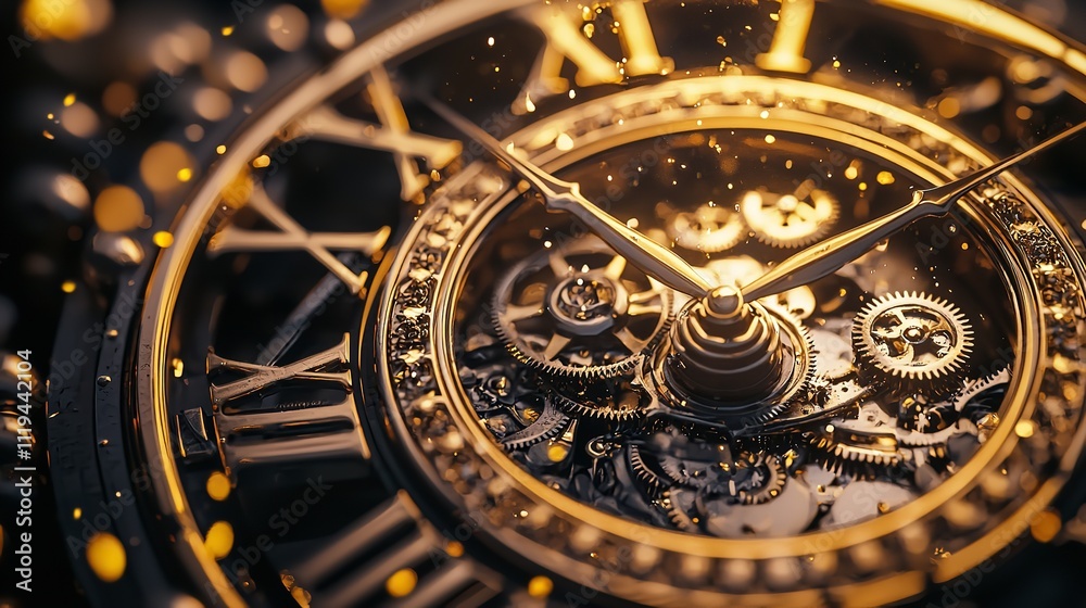 Golden Clock Gears Turning as the Year Changes, Symbolizing New Beginnings Golden Clock Gears Turning as the Year Changes, Symbolizing New Beginnings