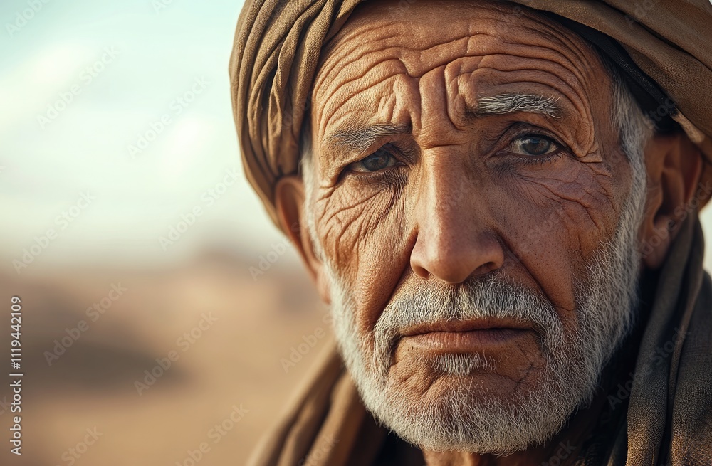 portrait of an elderly Moroccan man in the desert, wearing a beaded necklace and turban, looking directly at the camera portrait of an elderly Moroccan man in the desert, wearing a beaded necklace and turban, looking directly at the camera