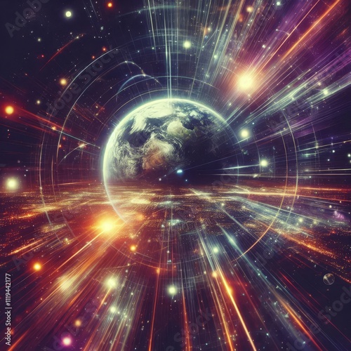 Wallpaper Mural Abstract cosmic background with blurred lights, streaks, and a planet in the distance.
 Torontodigital.ca