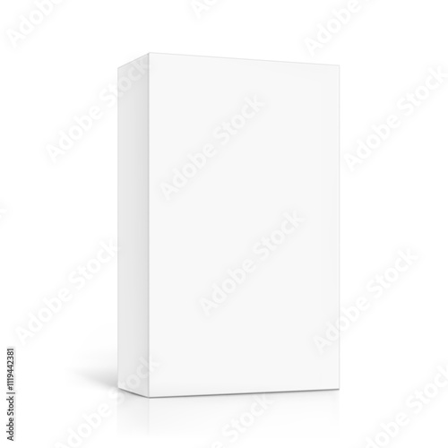 Realistic white closed paperboard box mockup. Vector illustration isolated on white background. Taking your 2D designs into 3D. Can be use for medicine, food, cosmetic and other. EPS10.