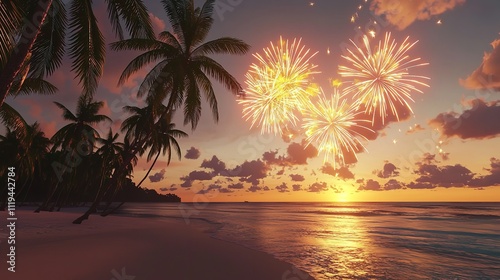 Golden Fireworks Over a Tropical Beach with Palm Trees and a Festive Atmosphere