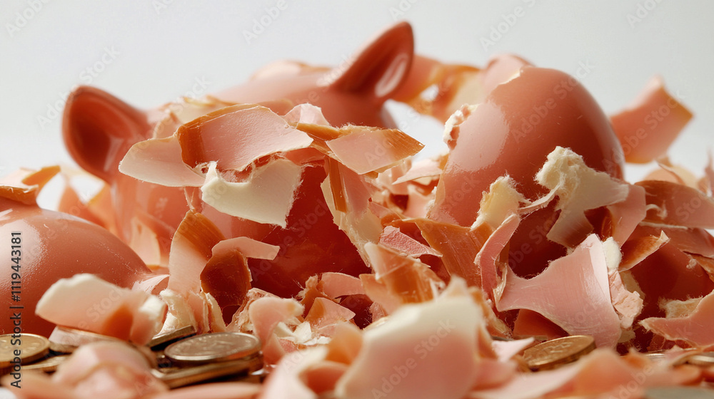 Broken piggy bank with coins scattered around, symbolizing financial struggle and the need for careful budgeting and saving. Broken piggy bank with coins scattered around, symbolizing financial struggle and the need for careful budgeting and saving.