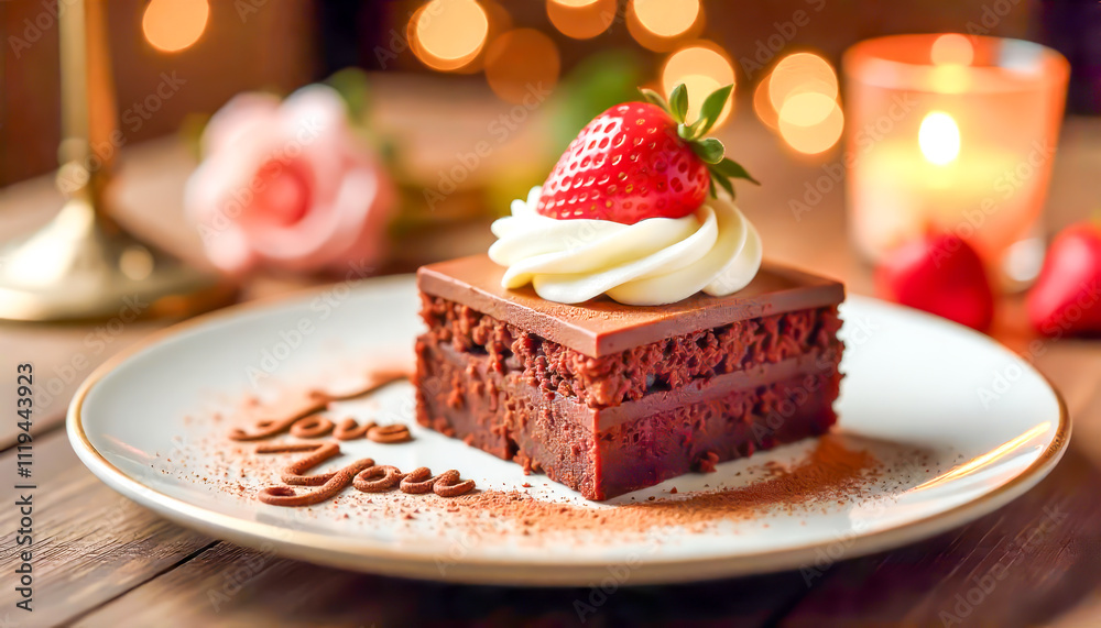 Square slice of chocolate cake with whipped cream and fresh strawberry, served on plate with I Love You written in cocoa. Perfect for romantic dinners, dessert promotions, or Valentine s Day campaigns Square slice of chocolate cake with whipped cream and fresh strawberry, served on plate with I Love You written in cocoa. Perfect for romantic dinners, dessert promotions, or Valentine s Day campaigns