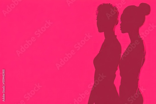 Two Women Silhouettes Stand Side By Side Against Pink Background