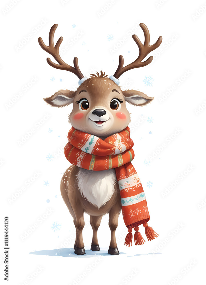 Fototapeta premium adorable Reindeer adorned in a cozy scarf, all set against a pristine white backdrop. highest quality image. vibrant colors, digital art