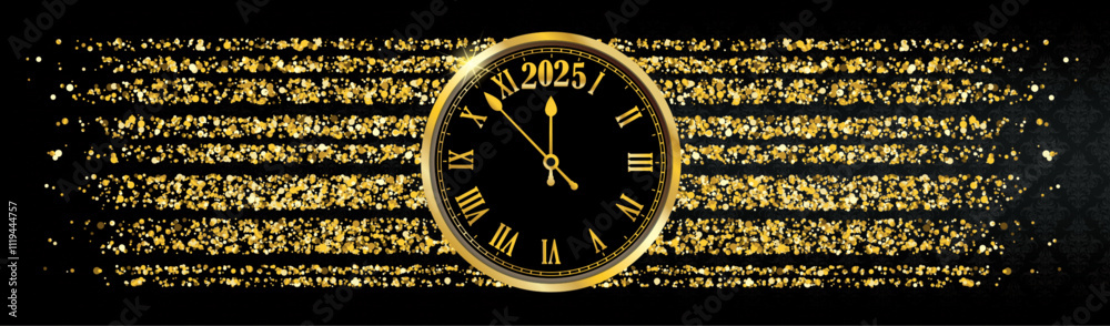 Fototapeta premium Long Black Banner Ornaments Clock 2025 Centre Gold