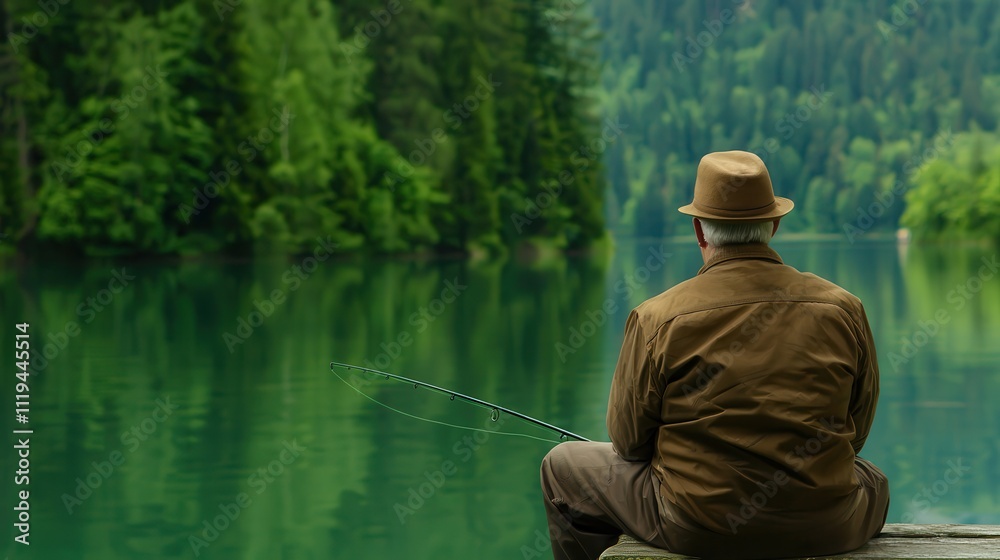 Retirement fulfills dreams of a happy lifestyle. Calm fishing scene by a tranquil lake