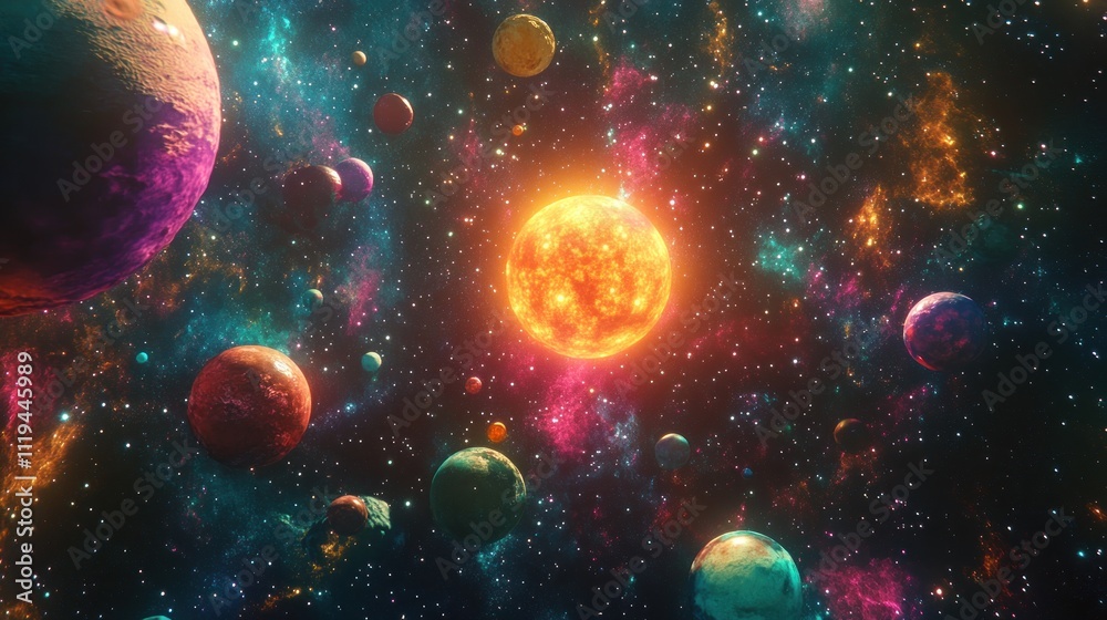 Vibrant Nebula With Star System And Planets Vibrant Nebula With Star System And Planets