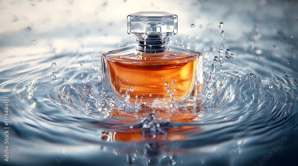 A bottle of perfume is floating in a pool of water A bottle of perfume is floating in a pool of water