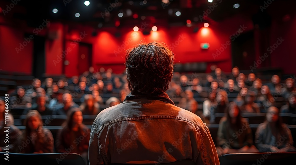 Fototapeta premium A man stands in front of a crowd of people in a theater