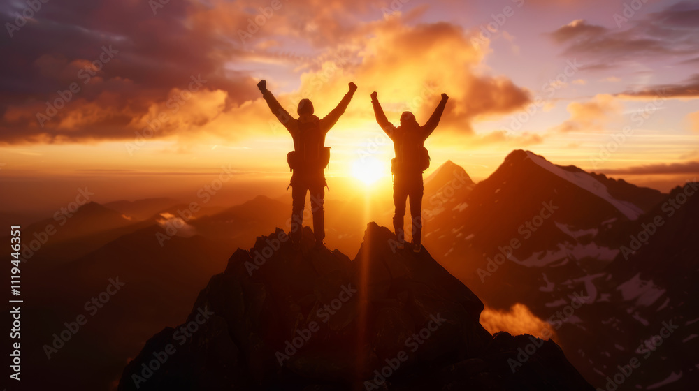 silhouettes two climbers celebrate their summit achievement at sunset in a stunning mountain landscape silhouettes two climbers celebrate their summit achievement at sunset in a stunning mountain landscape