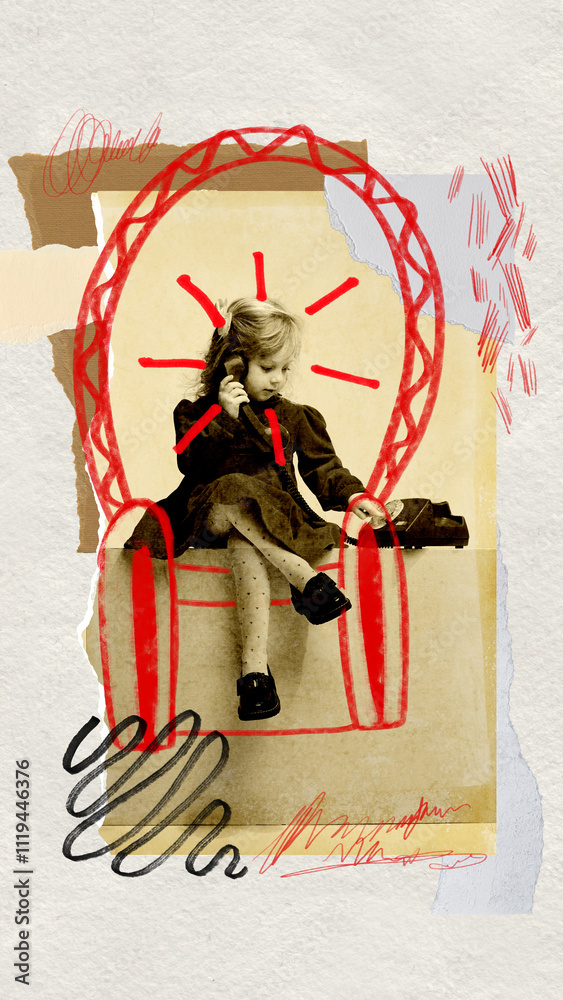Obraz premium Little cute child, girl on vintage chair, enhanced with red hand-drawn doodles and graphic accents. Retro photography. Contemporary art collage. Concept of childhood, dreams, fantasy, creativity