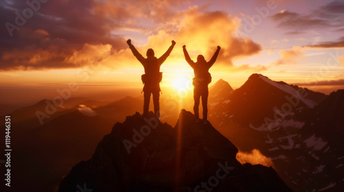 silhouettes two climbers celebrate their summit achievement at sunset in a stunning mountain landscape