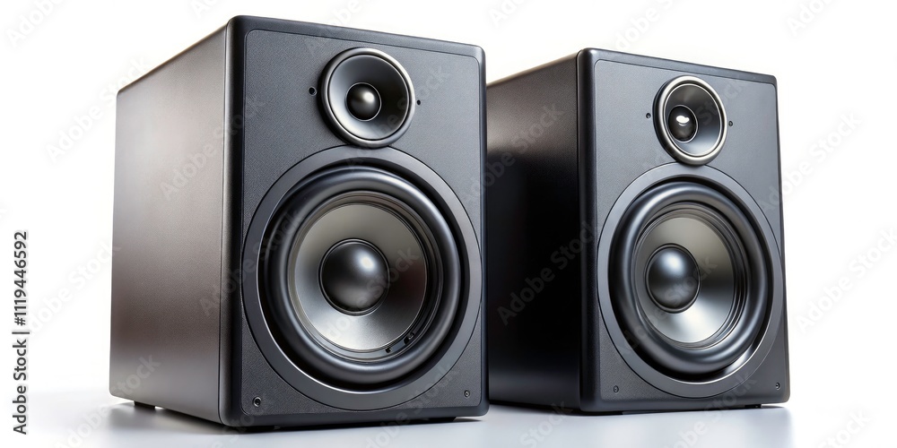 High-Quality Monitor Speakers in Black Wooden Casing for Sound Recording, Mixing, and Mastering - Professional Studio Equipment Isolated on White Background