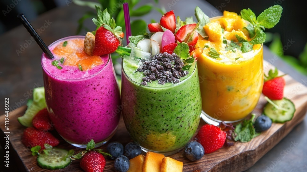 Three Colorful Fruit Smoothies Garnished With Fresh Fruit Three Colorful Fruit Smoothies Garnished With Fresh Fruit