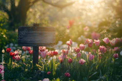 A Wooden Easter Sign Surrounded by Spring Flowers photo