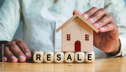 Hand holding a wooden house model with resale blocks.