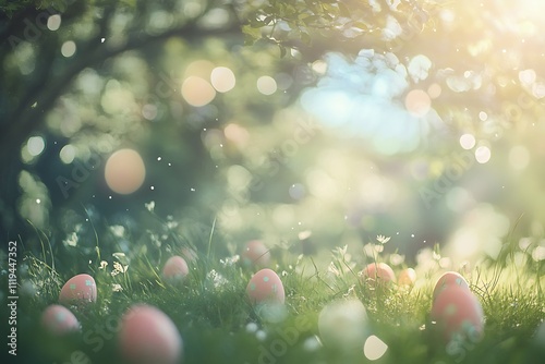 Colorful Easter Eggs in a Green Meadow with Sunshine photo