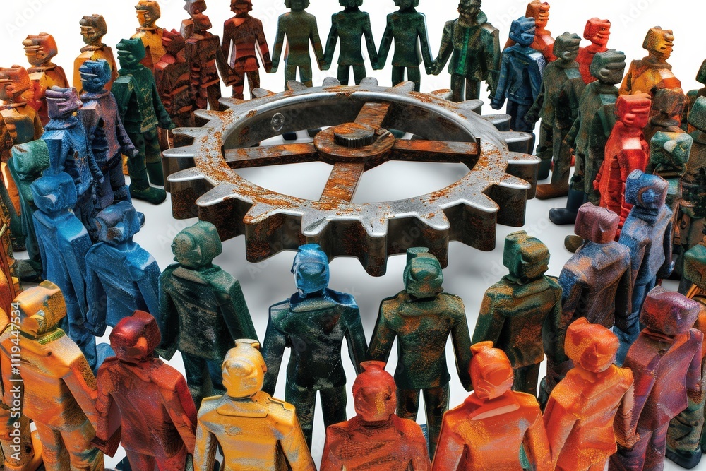A group of people are holding hands around a gear A group of people are holding hands around a gear